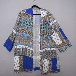 Chicos Kimono Top 3 or XL  Floral Linen Patchwork Open Front Beachy Boho Relaxed